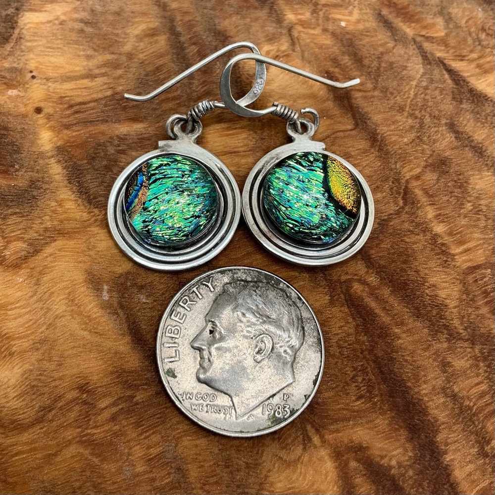 Vintage 925 Silver Swirl Earrings w/Diochroic glass stone pierced French Hooks - Picture 4 of 4